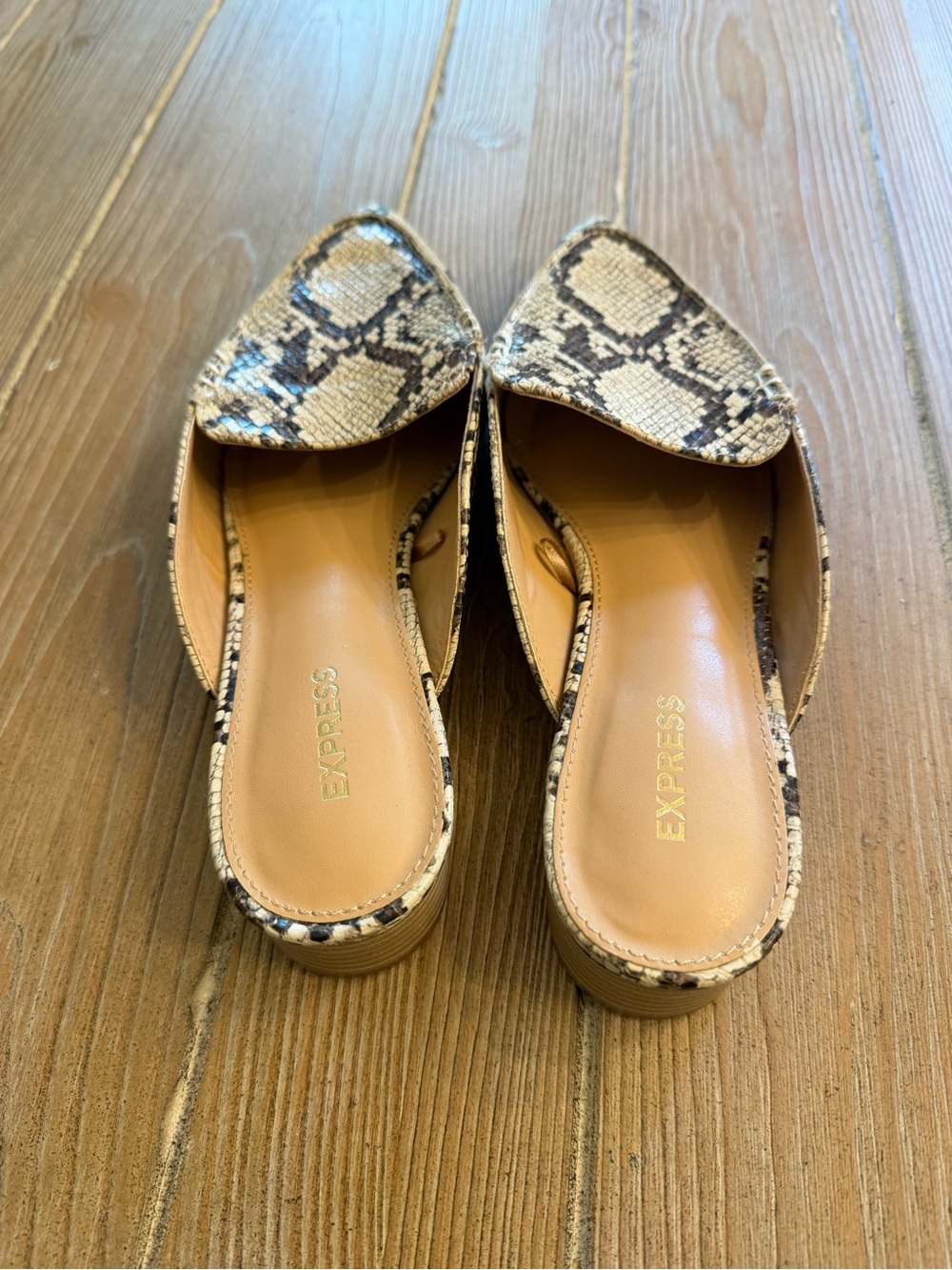 Express Women’s Snake-Print Pointed Slip-On Mules in Beige - Picture 2 of 5